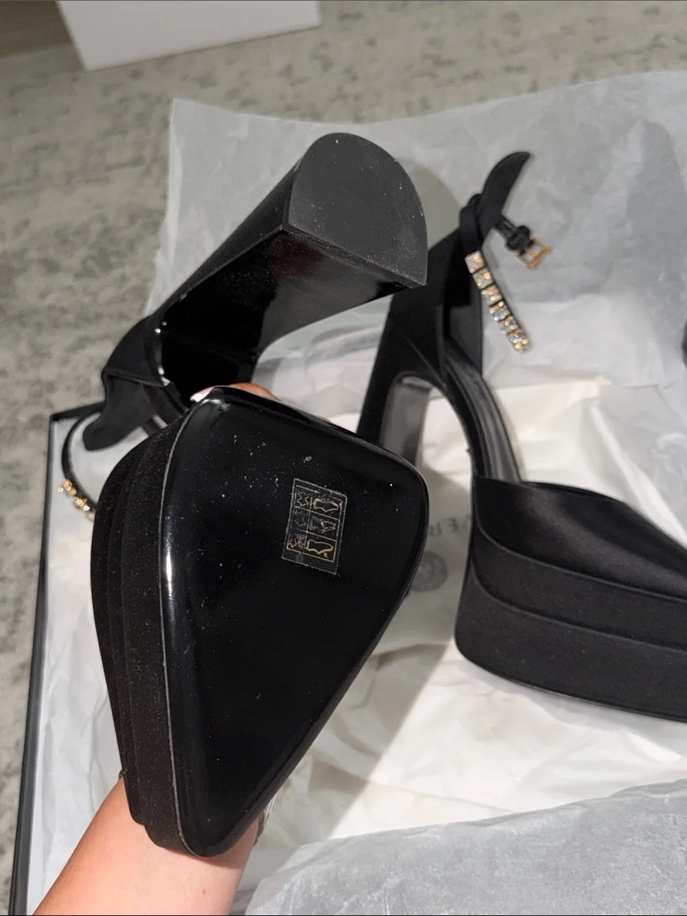 Versace Black Satin Platform Slingback Heels with Crystal-Strap Accents